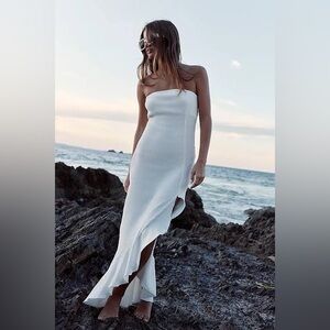 Free People White Strapless Ruffle-Hem Midi Dress